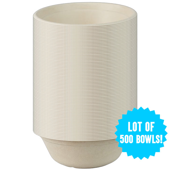 A cream-colored, textured 24oz bowl from Emerald Ecovations, labeled 500 Count, made from tree-free, compostable fiber for eco-friendly use.